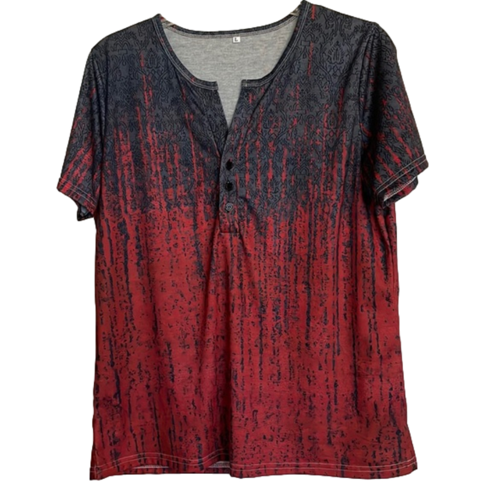 Faded Print Notched Neck Henley Top, Women’s M, Burgundy Gray